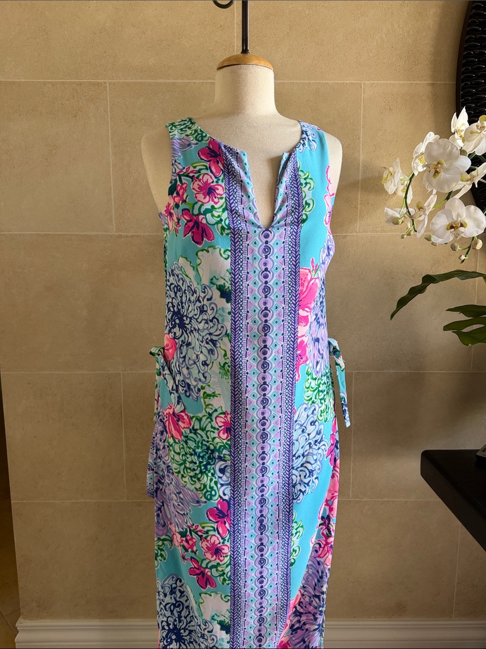 Lilly Pulitzer Aqua Maxi Dress with Pink & Purple Floral Print